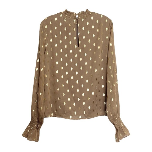 Endless Rose Metallic Foil Dot Ruffle Blouse Brown Gold Sheer Long Sleeve Size S - Picture 3 of 8